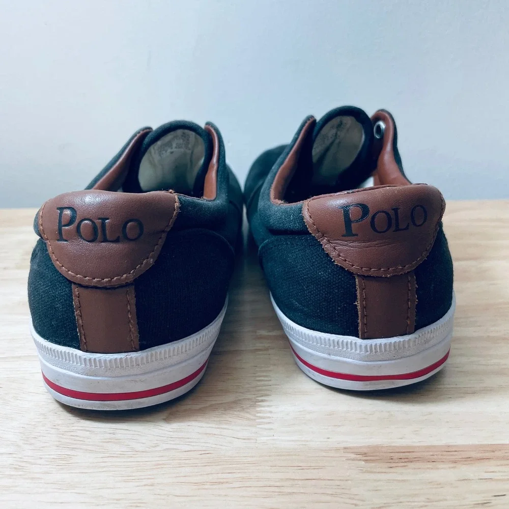 Polo Ralph Lauren Mens Black Canvas Leather Trim Sneakers Shoes 8.5
